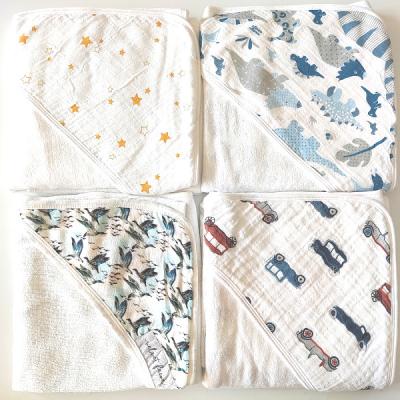 China HONGCH Cotton Bath Towel Child Safe Newborn Kids Printed Blanket Sleeping To Wrap Toddler Baby Hooded Wrap Towels for sale