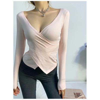 China 2021 New V-Neck Yoga Women's Long Sleeve T-Shirt Breathable European American Sexy Crossover Workout Sports Women's Clothes for sale