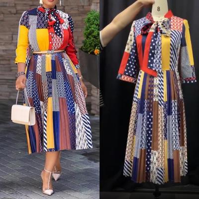 China Anti-Static Office Ladies Work Wear Bow Collar A Line Color Block Dress Casual Women Dress for sale