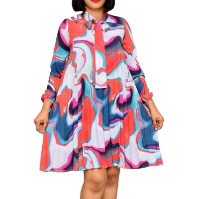 China Anti-Wrinkle Women Chiffon Dress Spring Autumn New Long Sleeve Skirt Floral Print Pleated Dress Long Flared Maxi Party Dresses for sale