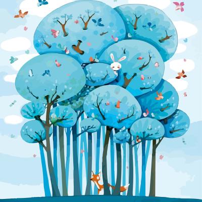 China European Topli Blue Trees Kids Cartoon Fantasy Mushroom Bird Bedroom Wall Mural Kids Decorative Wallpaper for Kids Room for sale