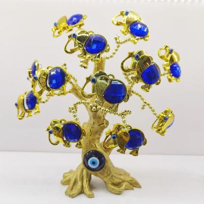 China Art Blue Evil Eye Elephant Gold Folk Flower of Life Lucky Tree for Protection Gift Resin Home Decoration for sale