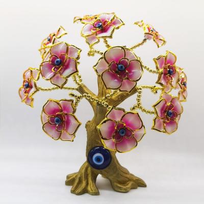 China Wholesale Art Blue Evil Eye Gold Folk Flower Lucky Tree of Life for Protection Gift Resin Home Decoration for sale