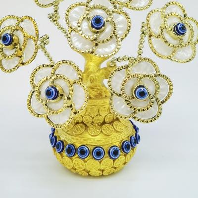 China Folk Art Blue Evil Eye White Flowers Bordered with Golden Tree of Life Lucky Coin Bag for Protection Gift Resin Home Decoration for sale