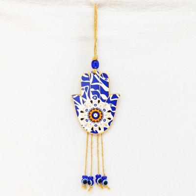 China European Wooden Hand of Fatima Hamsa Amulet Wall Hanging Evil Eye Handcrafted Glass Home Decor Decoration for sale