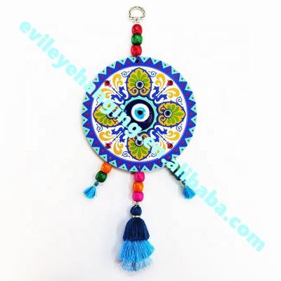 China Folk Multicolor Evil Eye Art Beautiful Wood Circle Amulet Art Patterned Wall Hanging Blue Home Decoration for sale