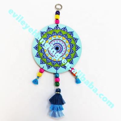 China Folk Art Wood Circle Amulet Evil Eye Decoration Folk Home Souvenir and Gift Multicolored Art Patterned Wall Hanging Blue for sale