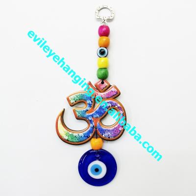 China Folk Art Mascot Pendant Blue Evil Eye Wood India Art Patterned Amulet Wall Hanging multicolor for sale