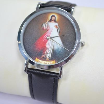 China Water Resistant Minimalist 2 Hands Hand Clock Jesus Pattern Black Leather Strap Band Watch Quartz Movt Watch For Men for sale