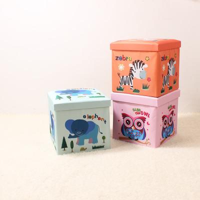 China Children Folding Toy Box Foot Rest Stool Storage Seat Oxford Ottoman Cartoon Putting Stools for sale