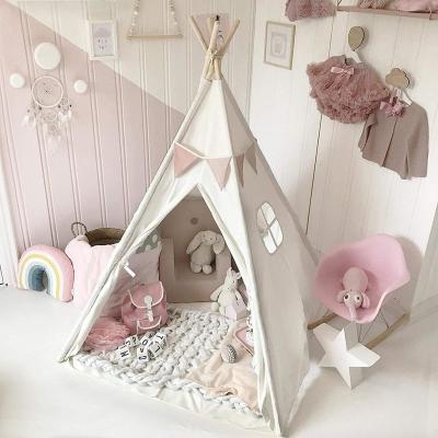 China Portable Kids Teepee Tent Children Play Kids Indoor Theater House Tent &Outdoor White Canvas Teepee With Wooden Pole for sale