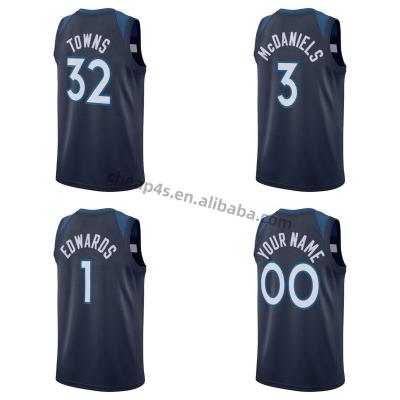 China Quick Dry USA Cities Retro Team Basketball Uniform #1 Edwards #32 Cheap Mens Navy QUICK DRY MIN Timberwolve Basketball Jersey Wholesale for sale