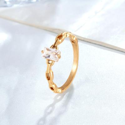 China Trendy Half Stainless Steel Chain Rectangle Pattern 4 Fork Solid Stone Ring Set Half Cavity Band for sale