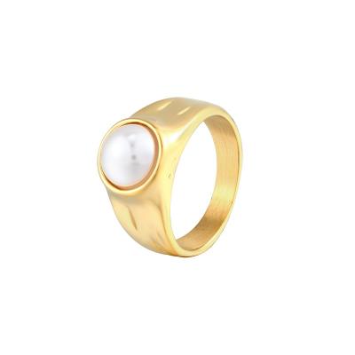 China Fashionable Wholesale Ladies Unique Pearl Band Ring 18k Gold Plated Stainless Steel Crescent Rings For Women for sale