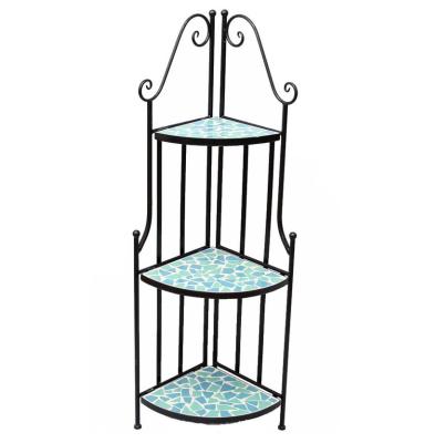 China Mosaic Tile Art Corner 3 Tier Metal Garden Shelf Plant Top Outdoor Rack for sale