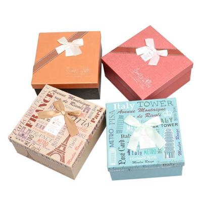 China Cardboard Recyclable Paper Gift Box With Folding Square Wooden Gift Wedding Kraft Paper Ribbon Candy Packing Box for sale