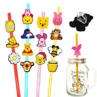 China Cute pink poohy cartoon straw piglet straw rubber toppers cute disposable piglet toppers for sale