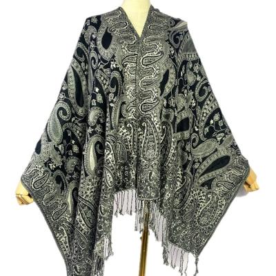 China Ladies Preference Pattern Environmental Protection Material Jacquard Three-Dimensional Tassel Woven Paisley Pattern Soft Smooth Feeling Black Scarf for sale