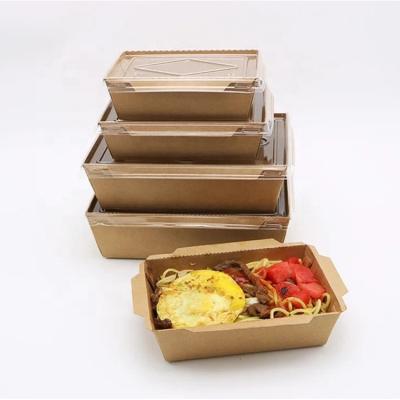 China Disposable Rectangular Disposable Kraft Paper Tray with Transparent Lid Take Out Catering Brown Container with Clear Cover To Go Container for sale