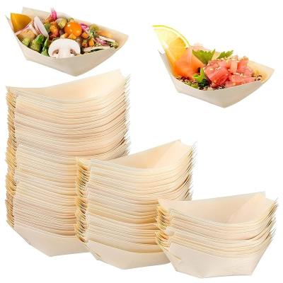 China Disposable High Quality Biodegradable Compostable Disposable Pine Wood Food Container Sushi Boat Serving Trays for Parties for sale