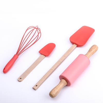 China Silicone& Hot Sale Baking Wooden 4 Piece Utensil Set Cake Tool Kit Silicone&Handle For Baking for sale