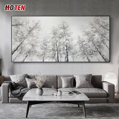 China Modern pure hand oil painting horizontal white birch forest painting color palette forest landscape drawing hanging cold wall painting for sale