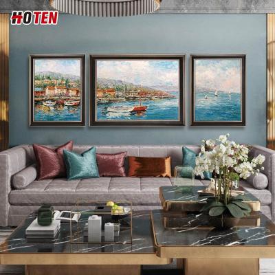 China American Mediterranean Modern Romantic Hand Painted Realistic Background Wall Sofa Living Room Triple Oil Painting Triple Oil Painting for sale