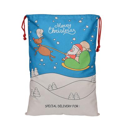 China Christmas 2021 Customized Sublimation Christmas Decor Xmas 2021 Customized Sublimation Christmas Drawstring Burlap Polyester Cartoon Gift Bags for sale