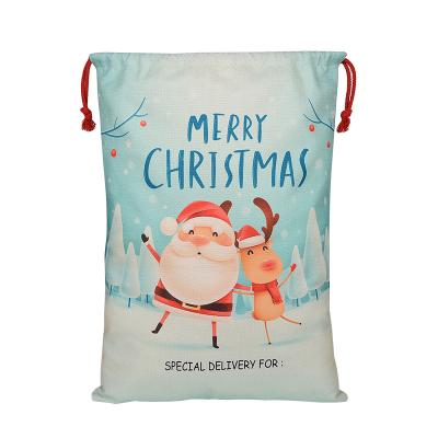 China Christmas 2021 Customized Sublimation Christmas Decor Xmas 2021 Customized Sublimation Christmas Drawstring Burlap Polyester Cartoon Gift Bags for sale