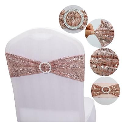 China Washable /durable Bling Spandex Stretch Chair Sashes Sequin Bows Elastic Cover Bands Buckle Slider Wedding Banquet Party Hotel Decoration for sale