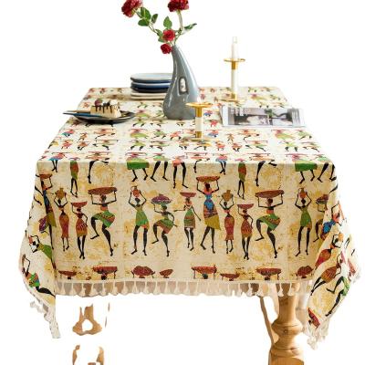 China Rectangular Abstract Art Cotton And Linen Fringed Oilproof New Printing Lace Up Ethnic Style Fabric Table Cloth for sale