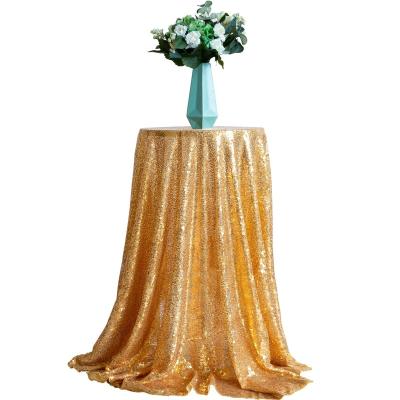 China Durable 90, 96, 108, 120, 132inch Sequin Gold Color Polyester Instant Luxury Dining Table Cover Custom Around Wedding Party Tablecloths for sale