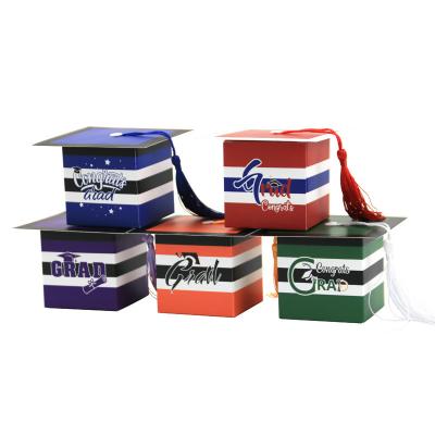 China 2022 New Design Fashionable Stripe Graduation Cap Shape Sweet Candy Box For Graduate Party Decoration Gift Packaging Box for sale