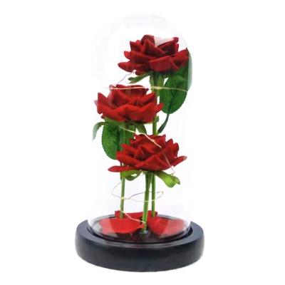 China Artificial Eternal Flower Valentine Mother's Day Gift 3 Head Rose In Glass Dome With Led Lights Preserved Flower Wedding Home Decor for sale