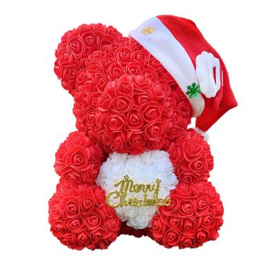 China Custom Artificial Flower Rose Teddy Bear Heart Xmas Gifts Rose Bears 40cm Flower Christmas For New Year Decoration for sale