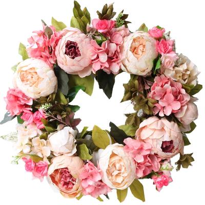 China Silk Peony Simulated Wreath Rattan Ring Decoration Photography Props Wedding Garland Flower Home Door Decoration for sale