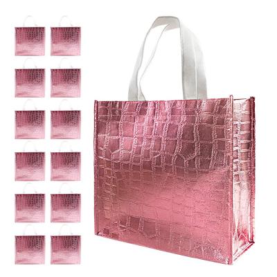 China Eco-friendly Rose Gold Laser Glitter Film pp lamination non woven glossy shopping bag with metal sliver foil bag for sale