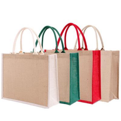 China Large Reusable Custom Printed Eco Shopping Tote Handle Pocket Jute Grocery Bag For Sale for sale