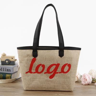 China Burgundy Ladies Tote Used Natural Jute Beach Reusable Waterproof Shopping Bag With Handle for sale