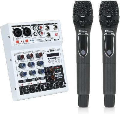 China Portable Professional Handheld Microphone Karaoke 4-Channel Audio Mixer with Microphone Wireless System Set with Dual UHF Wireless Microphone for sale