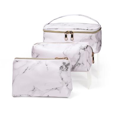 China Fashion Amazon Hot Selling 3pcs Make Up Bag Set Waterproof Marble Leather Travel Cosmetic Bags for sale