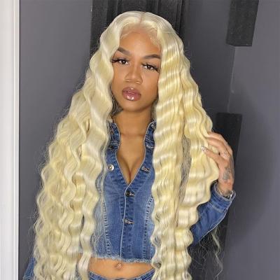 China Deep Lace Front Human Hair Wig, 32 Inch Brazilian Swiss Lace Long 150% Wave Front Wig Blonde Cuticle Aligned Virgin Hair Lace Front Wig 613 for sale