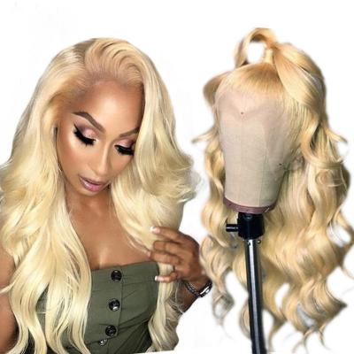 China Good Quality Raw Hair Preplucked Glueless Body Wave 32 Inch Blonde Hair 13*4 Lace Front Wig In Light Color 613 Stock Wigs for sale