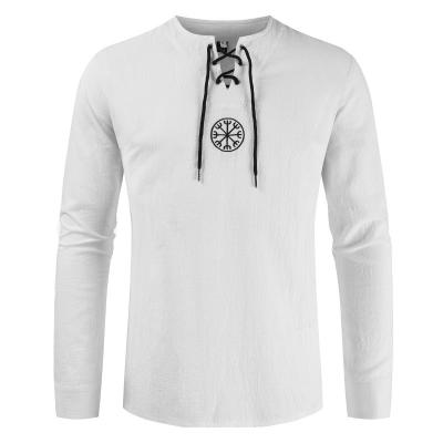 China Men's Breathable Tie Collar Long Sleeve Embroidery Hemp Cotton Fashion Plus Size Shirt for sale