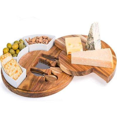 China Sustainable Hot Sale Acacia Wood Round Cheese Board Set With Ceramic Ceramic Bowl Round Bamboo Cheese Board 3 for sale