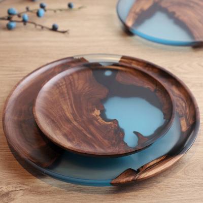 China Simple Light Luxury Solid Wood Square Porch Tea Tray Black Walnut Resin Round Fruit Plate Home Nordic Tea Tray for sale