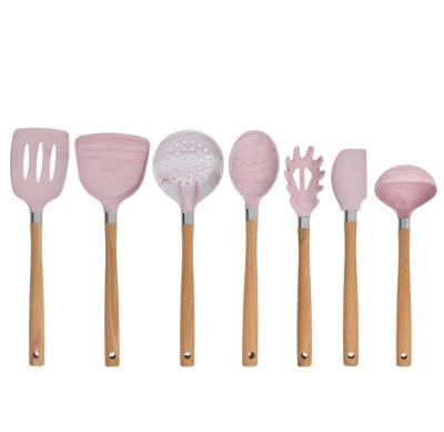 China Wholesale Viable Wooden Handle Silicone Kitchenware Seven Pieces Kitchen Cooking Spatula Non-Stick Cooking Tools for sale