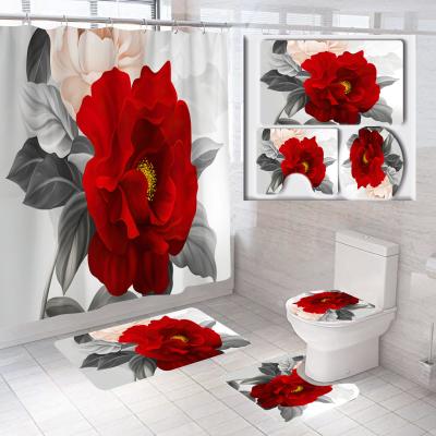 China Amazon Stocked Hot Sale Bathroom Curtain Set Bathroom Toilet Mat Combination Floor Mat Set Printed Shower Curtain Christmas Border for sale