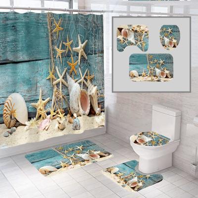 China Factory Direct Sales Stocked Amazon Home Bathroom Floor Mat Shower Curtain Beach Ocean Style Waterproof Suit No Four-Piece Set for sale