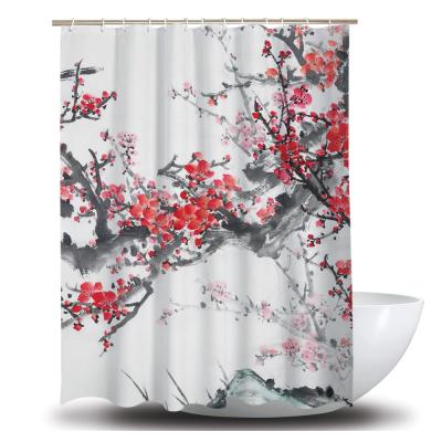 China Stocked Waterproof Chinese Style Flower Bathroom Decor And Birds Tree Shower Curtains Bath Curtain With Hooks 3d Printing Bath Curtain for sale